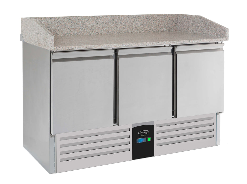 Stainless steel three door pizza prep counter with digital temperature display