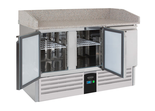 Stainless steel three door pizza prep counter with digital temperature display view 2