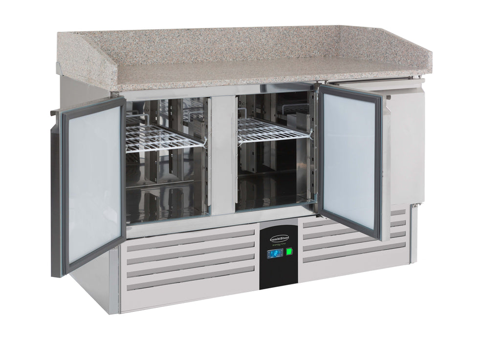 Stainless steel three door pizza prep counter with digital temperature display view 2