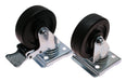 Set of six industrial castors, three with brake wheels, stainless steel hardware