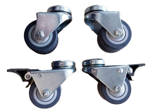 Four stainless steel castors, two with brake wheels and two without