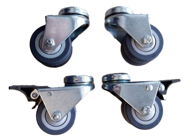 Four stainless steel castors, two with brake wheels and two without