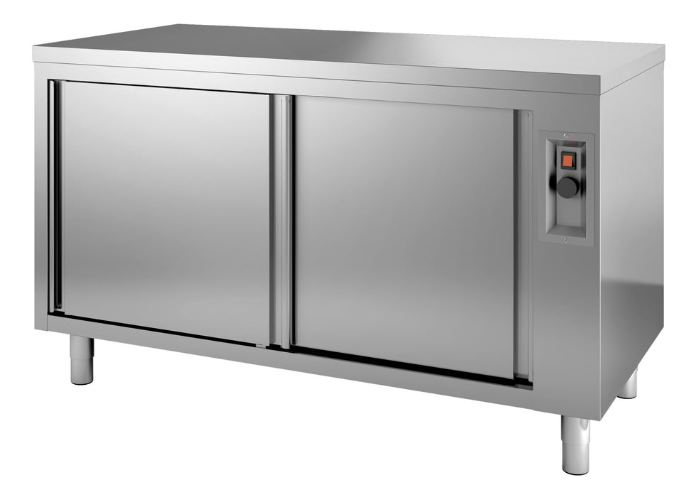 Stainless steel heated cupboard with two doors, 1600mm wide