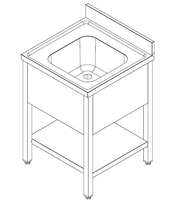 Stainless steel sink unit with bottom shelf, 700mm wide, drain pipe and overflow. view 2
