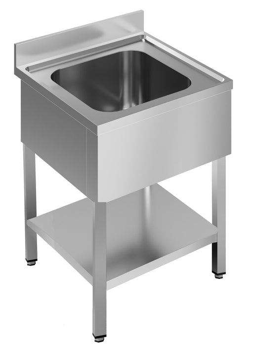 Stainless steel sink unit with bottom shelf, 700mm wide, drain pipe and overflow.
