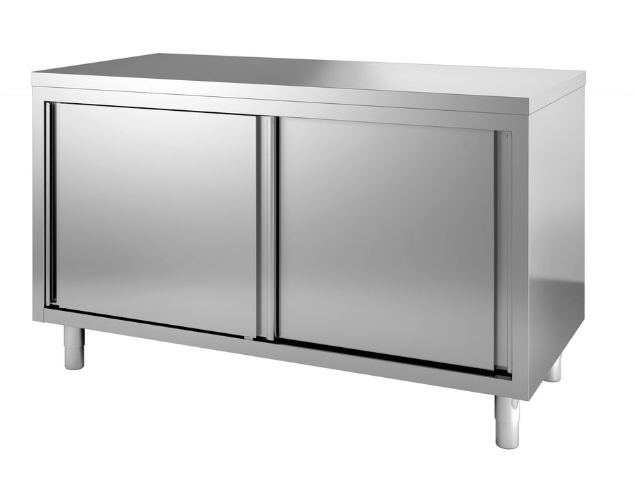 Stainless steel worktable with two sliding doors, 1600mm wide