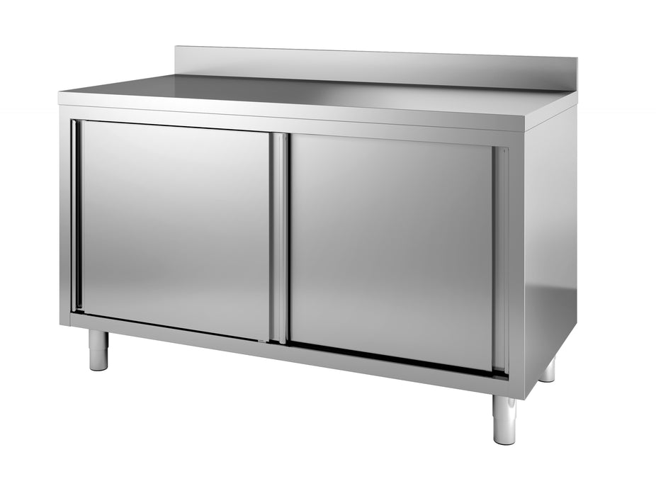 Stainless steel prep worktable with under-counter sliding doors, 1600mm width