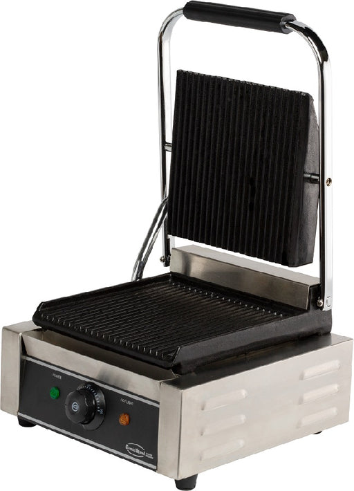 Stainless steel single contact grill with ribbed cooking surface on white background view 2