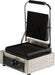 Stainless steel single contact grill with ribbed cooking surface on white background view 2