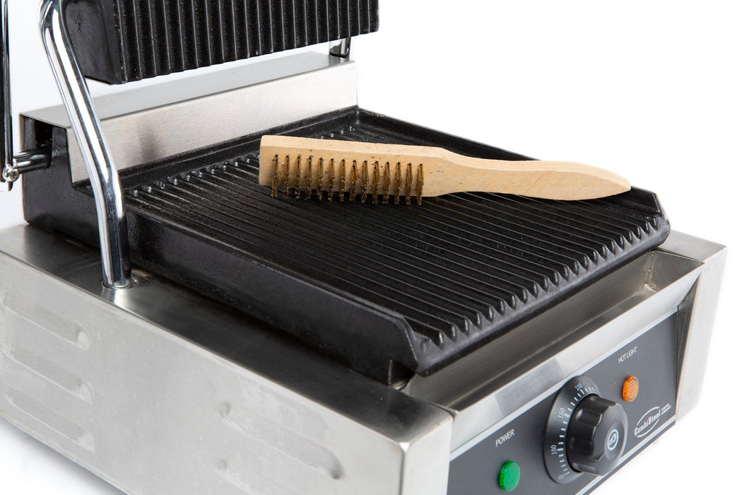 Stainless steel single contact grill with ribbed cooking surface on white background view 3