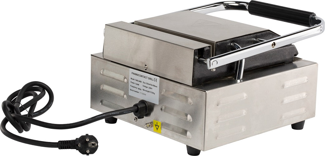 Stainless steel single contact grill with ribbed cooking surface on white background view 5