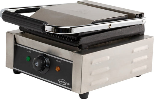 Stainless steel single contact grill with ribbed cooking surface on white background