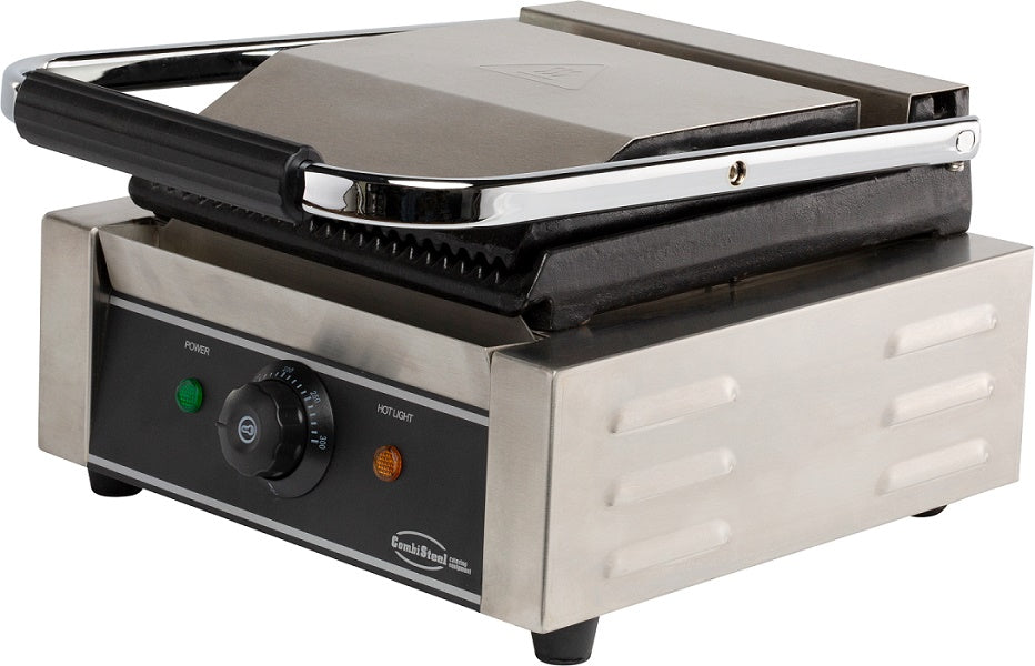 Stainless steel single contact grill with ribbed cooking surface on white background