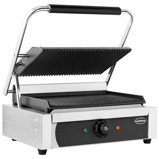 Stainless steel tabletop contact grill with ribbed cooking surface