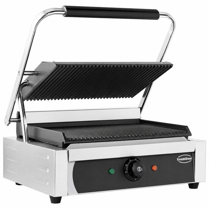 Stainless steel tabletop contact grill with ribbed cooking surface