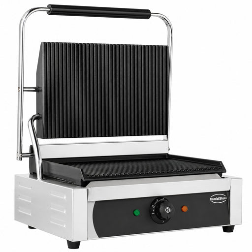 Stainless steel tabletop contact grill with ribbed cooking surface view 2