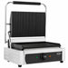 Stainless steel tabletop contact grill with ribbed cooking surface view 2