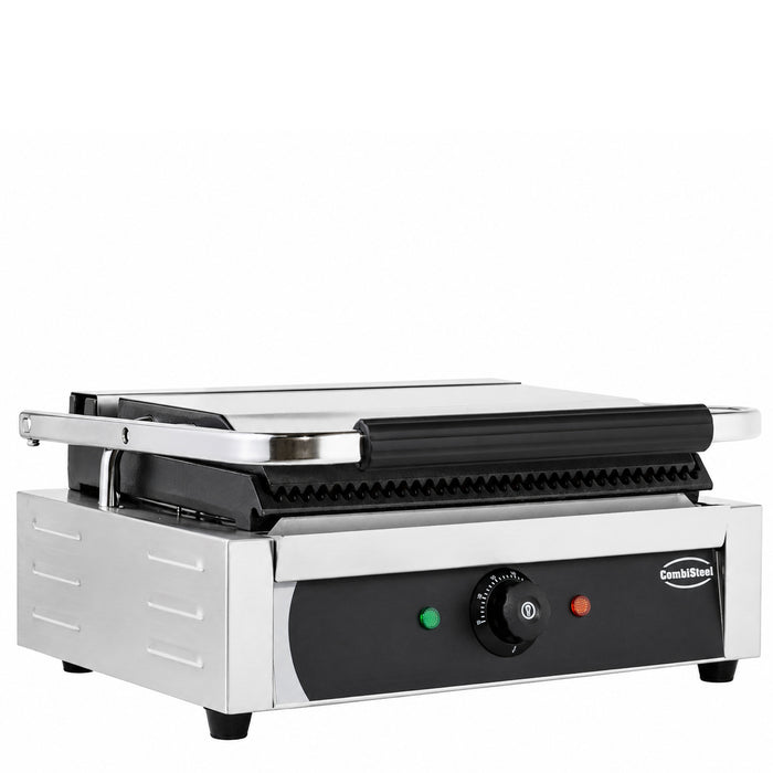 Stainless steel tabletop contact grill with ribbed cooking surface view 3
