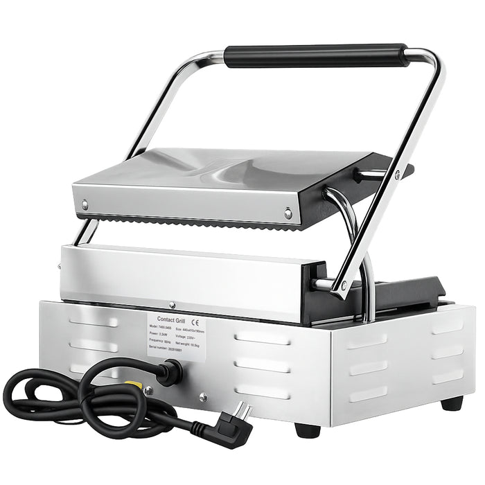 Stainless steel tabletop contact grill with ribbed cooking surface view 4