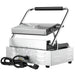 Stainless steel tabletop contact grill with ribbed cooking surface view 4