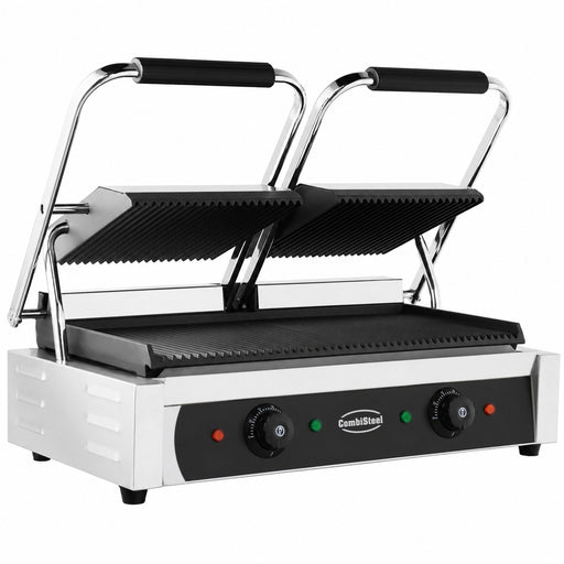 Stainless steel double contact grill with ribbed top and bottom cooking plates
