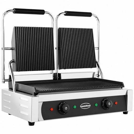 Stainless steel double contact grill with ribbed top and bottom cooking plates view 2