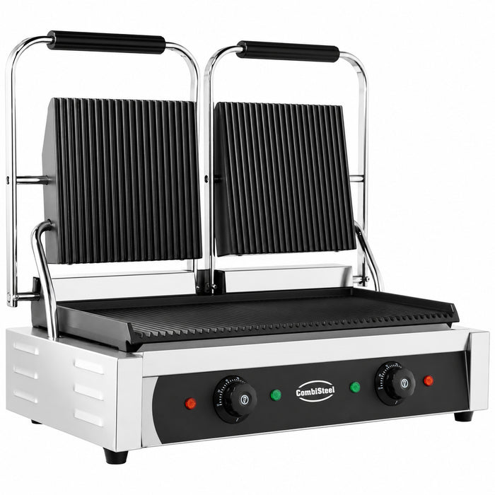 Stainless steel double contact grill with ribbed top and bottom cooking plates view 2