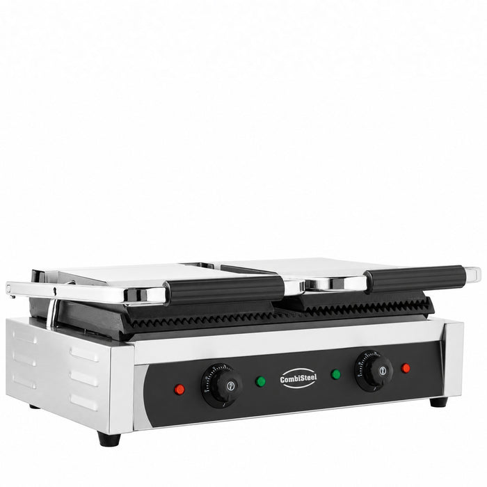 Stainless steel double contact grill with ribbed top and bottom cooking plates view 3