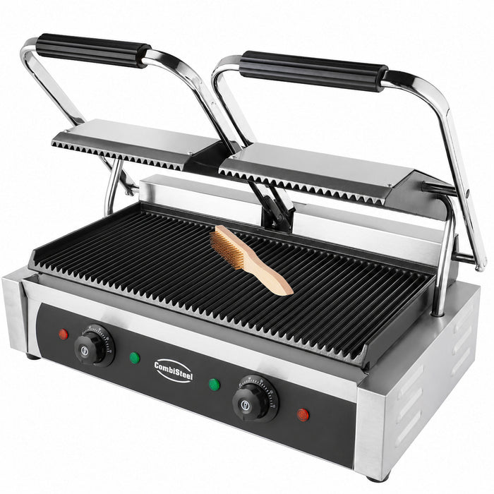 Stainless steel double contact grill with ribbed top and bottom cooking plates view 6