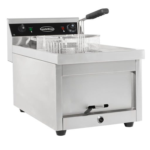 Stainless steel countertop electric fryer with single basket and drain valve view 2
