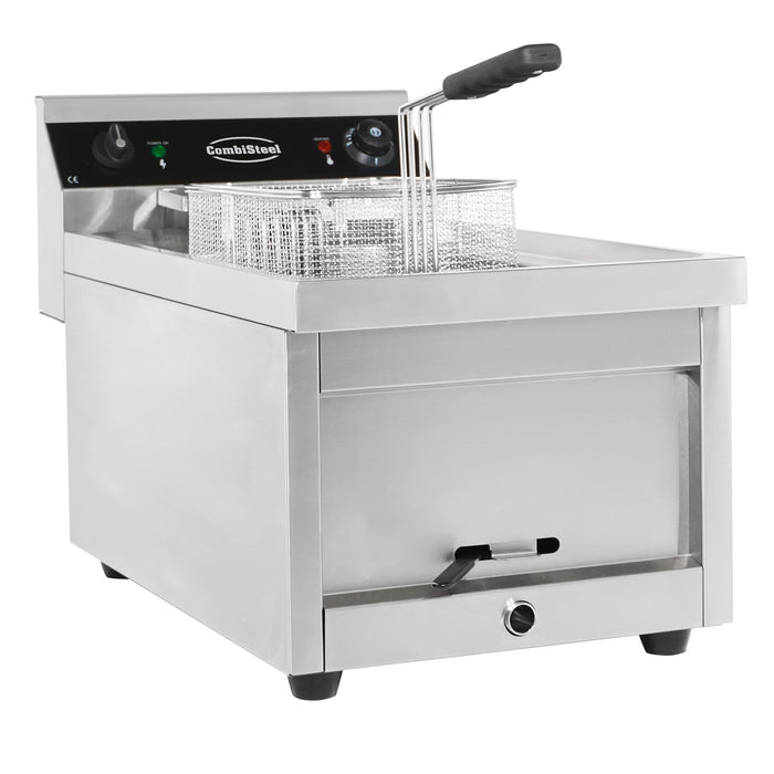 Stainless steel electric counter fryer with single 12 litre frypot and drain valve view 2