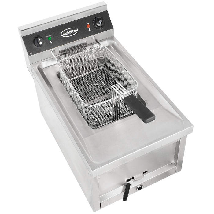 Stainless steel electric counter fryer with single 12 litre frypot and drain valve view 3