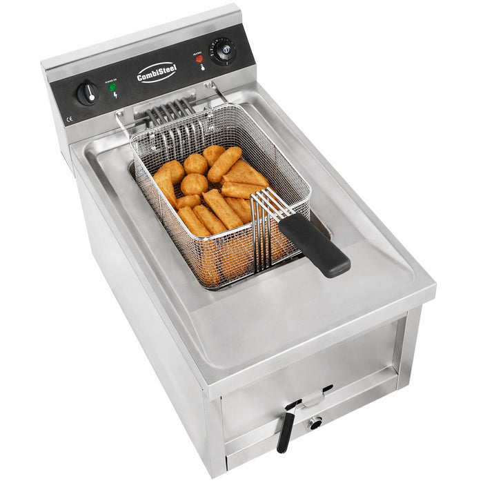 Stainless steel electric counter fryer with single 12 litre frypot and drain valve view 4