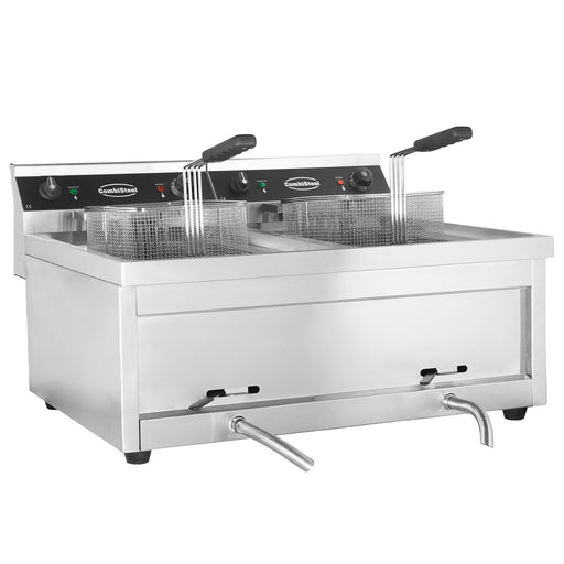 Stainless steel countertop electric fryer with two fry baskets and control panel. view 2