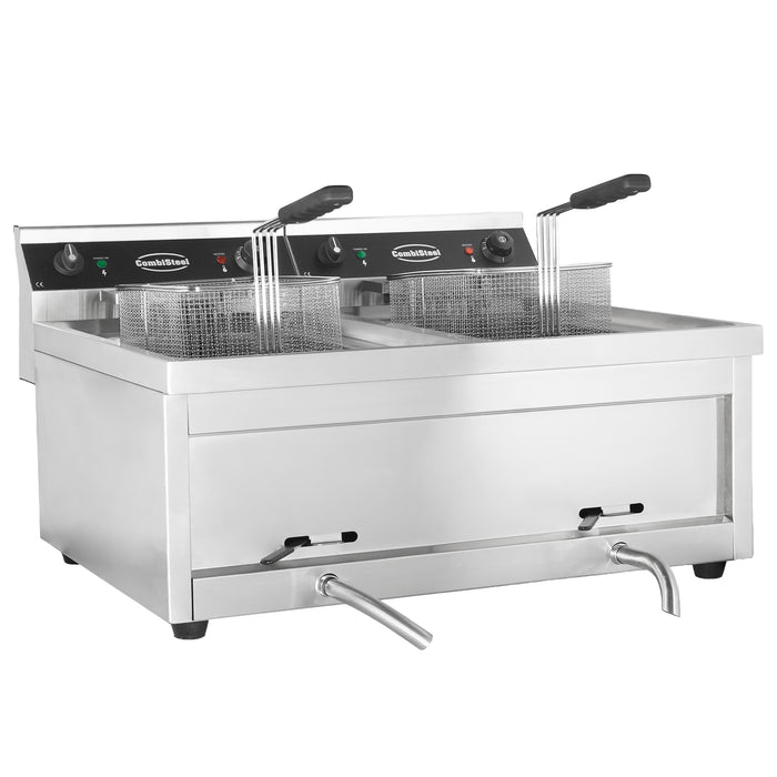 Stainless steel countertop electric fryer with two fry baskets and control panel. view 2