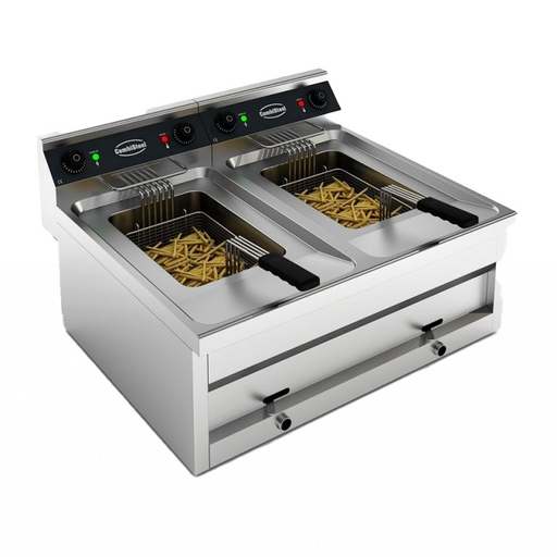 Stainless steel countertop electric fryer with two fry baskets and control panel.