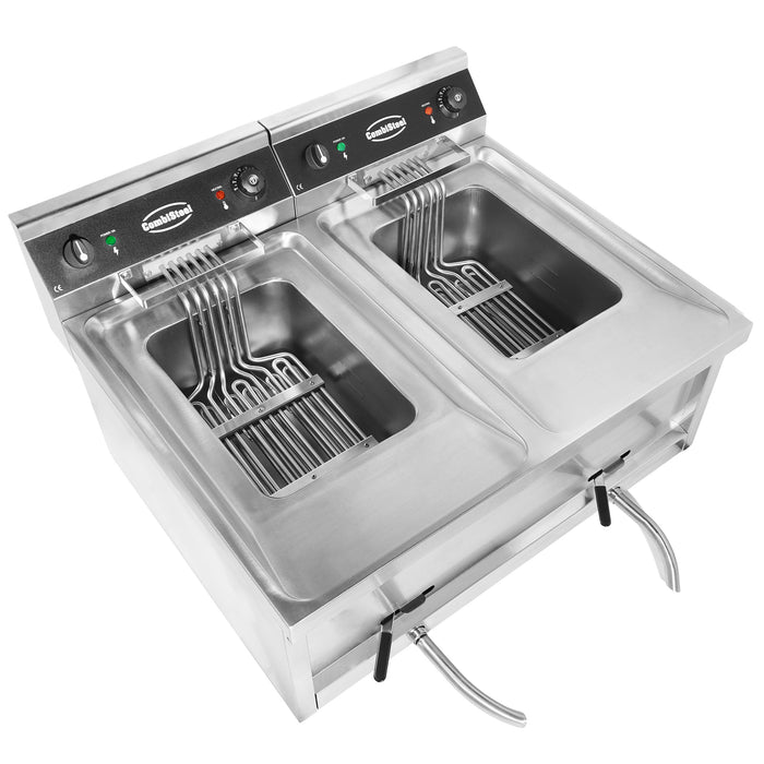 Stainless steel countertop electric fryer with two fry baskets and control panel. view 3