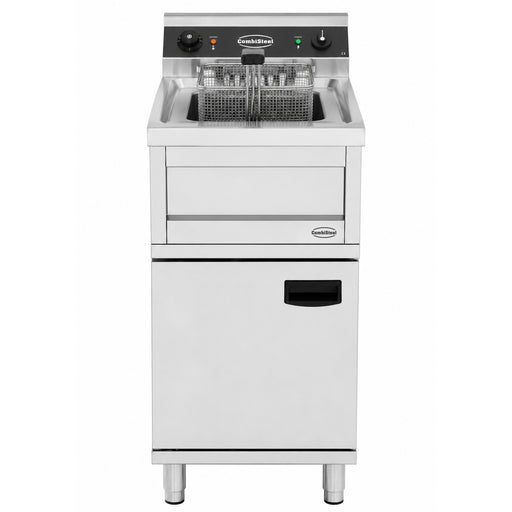 Stainless steel electric fryer with single 12 litre frypot and drain valve view 2