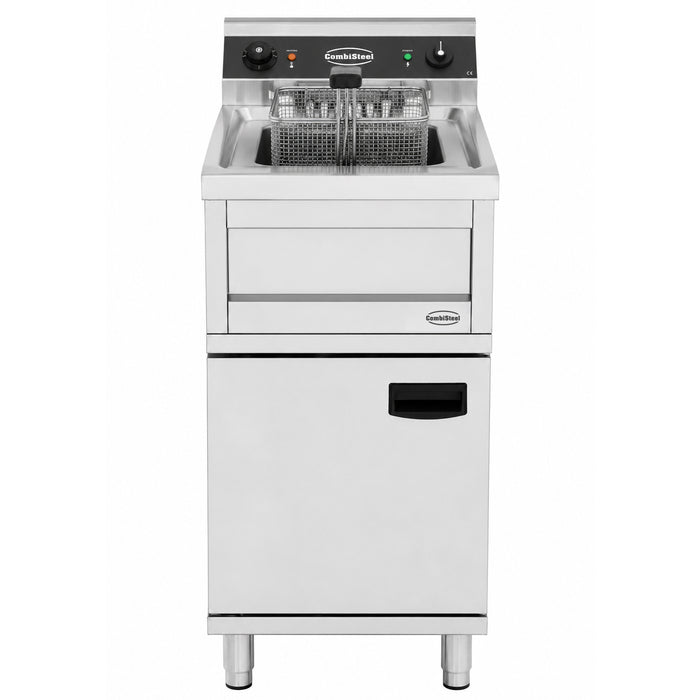 Stainless steel electric fryer with single 12 litre frypot and drain valve view 2