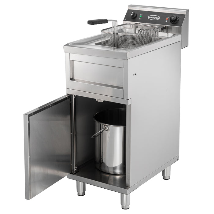 Stainless steel electric fryer with single 12 litre frypot and drain valve view 3