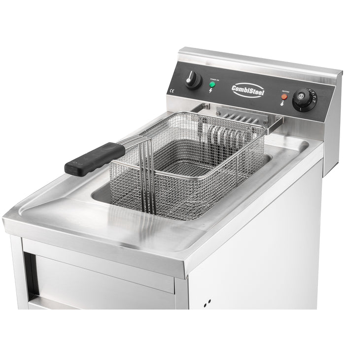 Stainless steel electric fryer with single 12 litre frypot and drain valve view 4