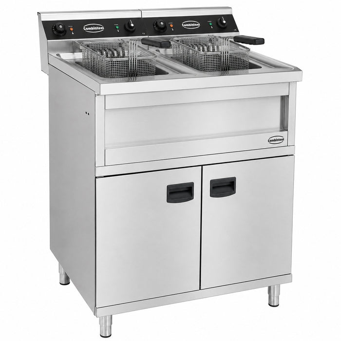 Stainless steel twin tank electric fryer with two 12 litre fry pots and drain valves