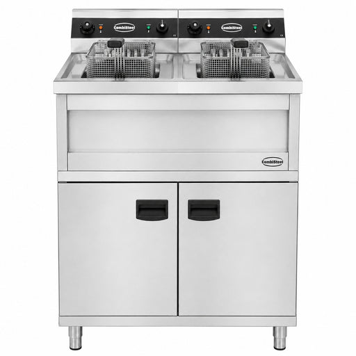 Stainless steel twin tank electric fryer with two 12 litre fry pots and drain valves view 2