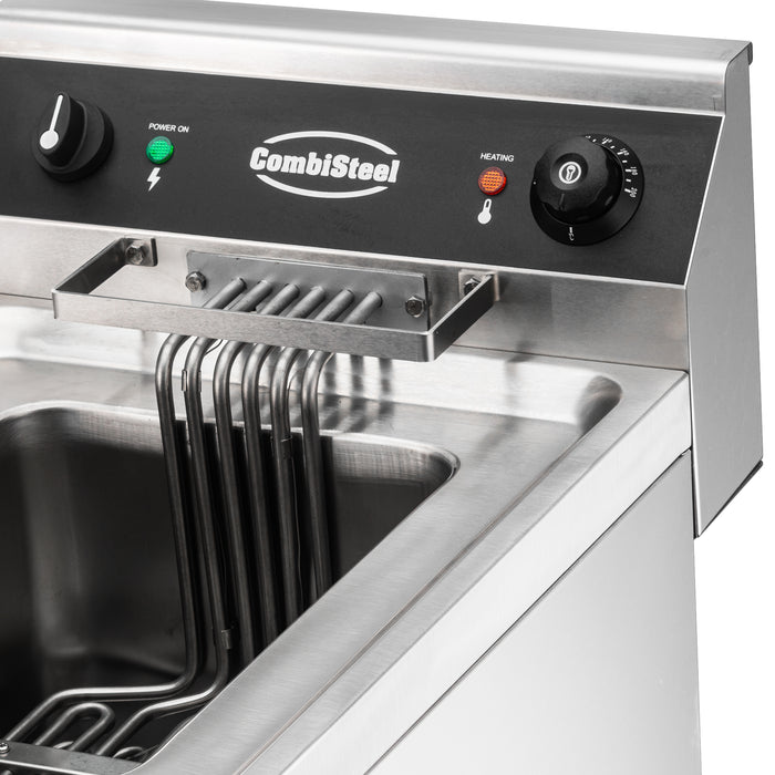 Stainless steel twin tank electric fryer with two 12 litre fry pots and drain valves view 3