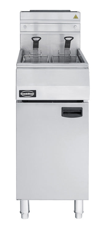 Stainless steel freestanding propane fryer with three burners and 21 litre capacity