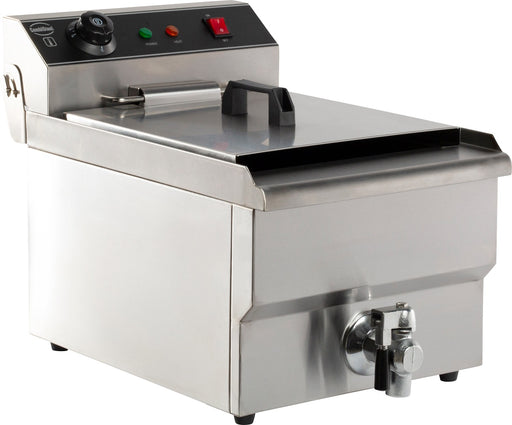Stainless steel countertop electric fryer with single basket and drain valve view 2