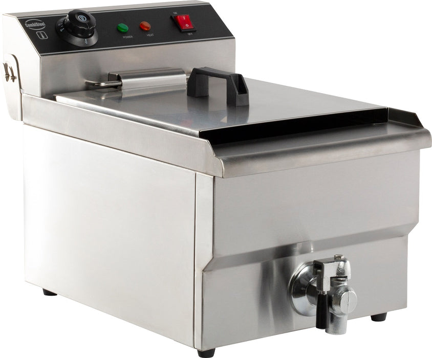 Stainless steel countertop electric fryer with single basket and drain valve view 2