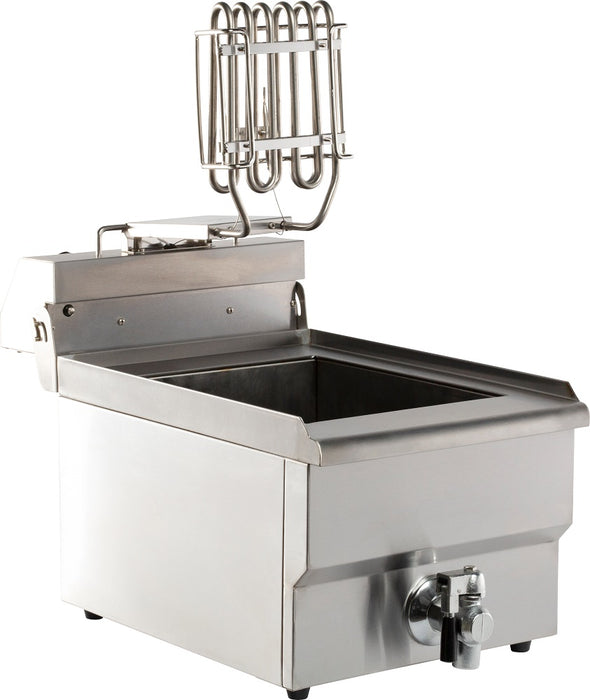 Stainless steel countertop electric fryer with single basket and drain valve view 3