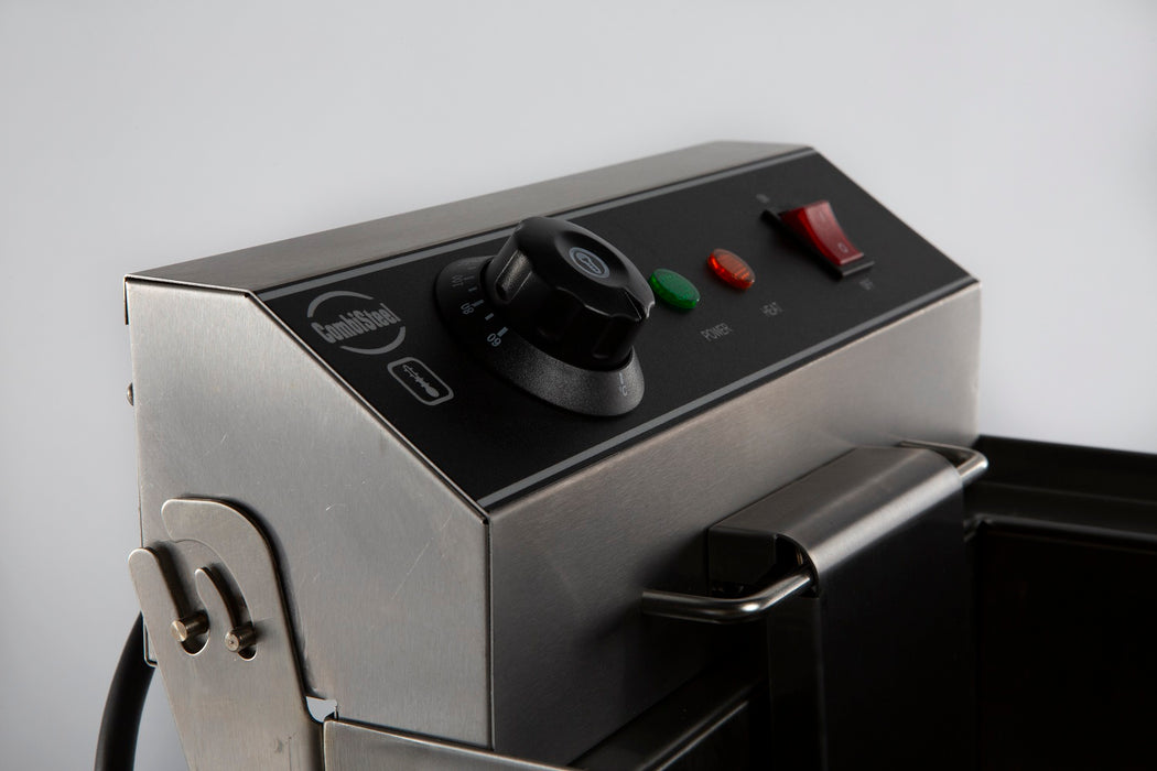 Stainless steel countertop electric fryer with single basket and drain valve view 4