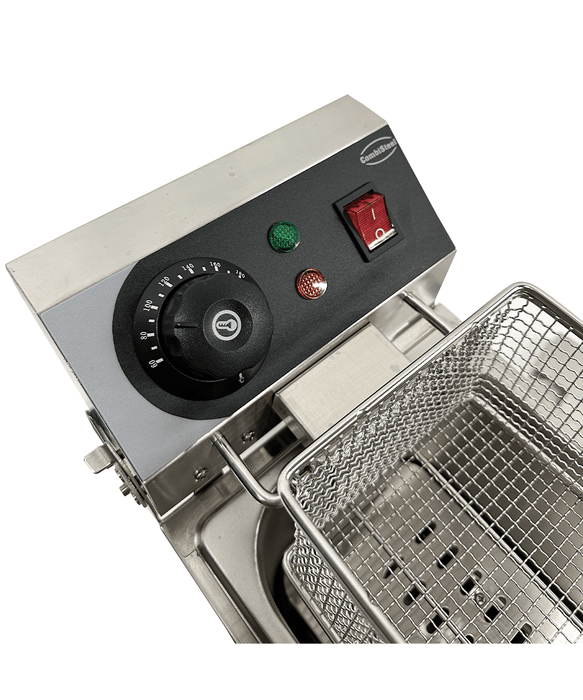 Stainless steel tabletop electric fryer with single basket and control knob view 5